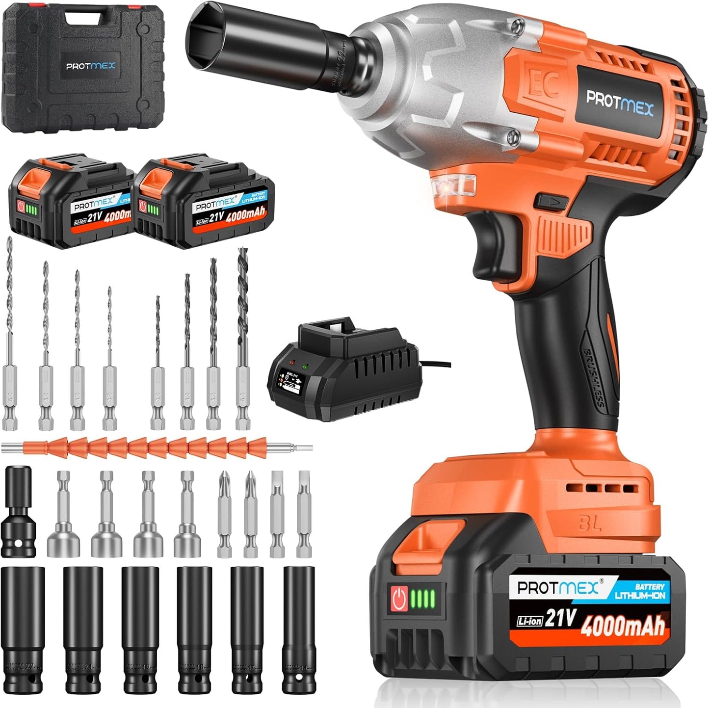 Cordless Impact Wrench, 665Ft-Ibs (900N.m) 1/2" Impact Drill, 21V Power Impact Driver with 2X 4.0Ah Battery, 5 Sockets, 8 Drill, 6 Screws, Electric Impact Gun Variable Speeds for Car/Truck/Mower