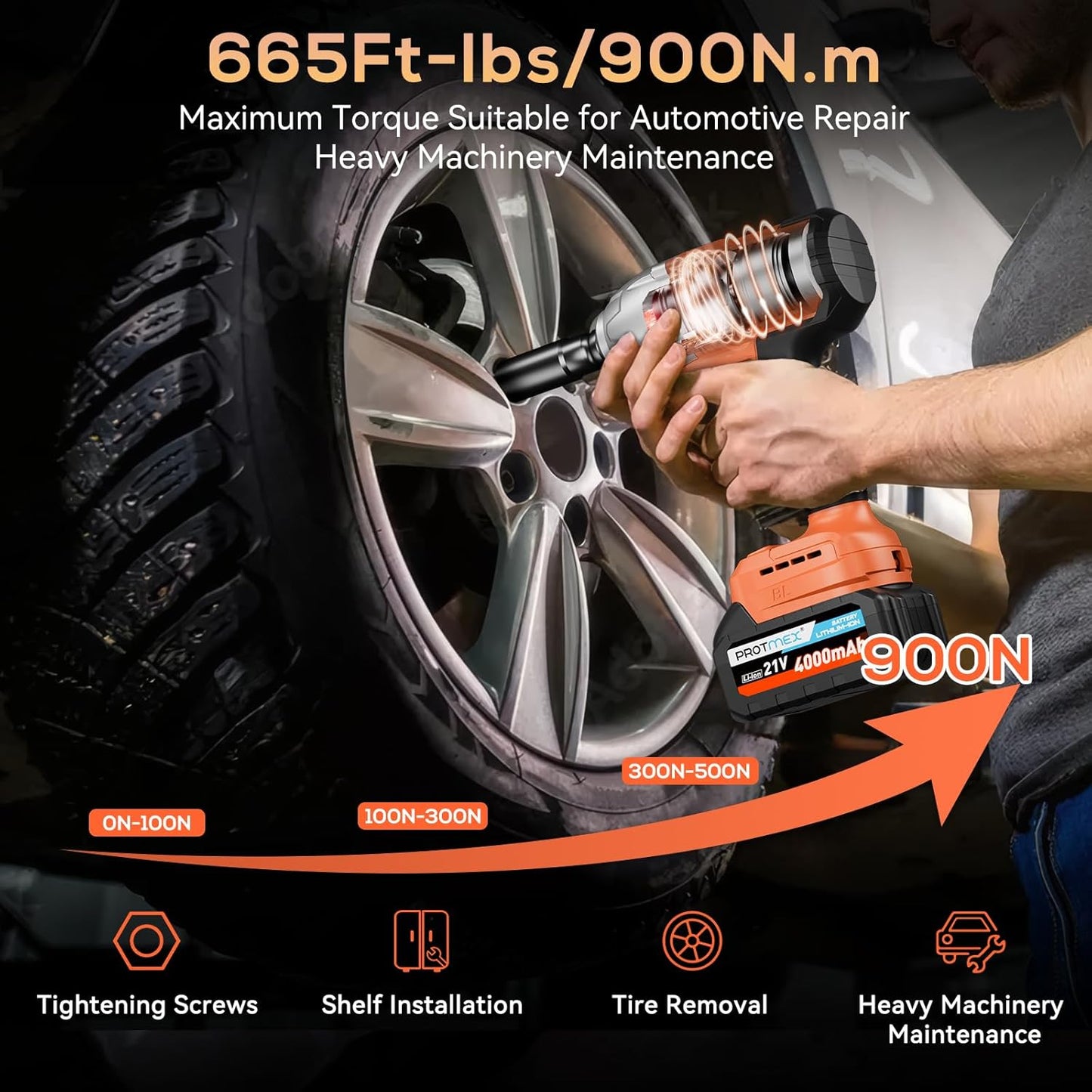 Cordless Impact Wrench, 665Ft-Ibs (900N.m) 1/2" Impact Drill, 21V Power Impact Driver with 2X 4.0Ah Battery, 5 Sockets, 8 Drill, 6 Screws, Electric Impact Gun Variable Speeds for Car/Truck/Mower